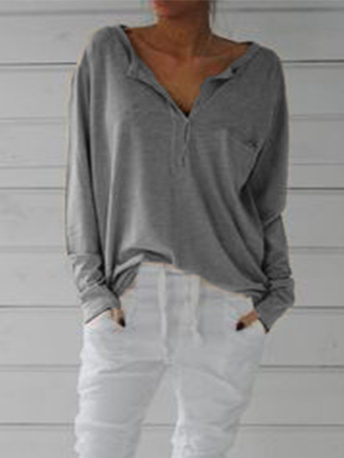 Cotton-Blend Long Sleeve Casual V Neck Shirts & Tops