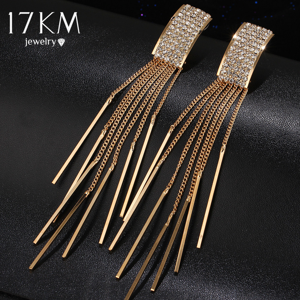 17KM Brand New Gold Color Long Crystal Tassel Dangle Earrings for Women Bar Wedding Drop Earing Fashion Jewelry Gifts