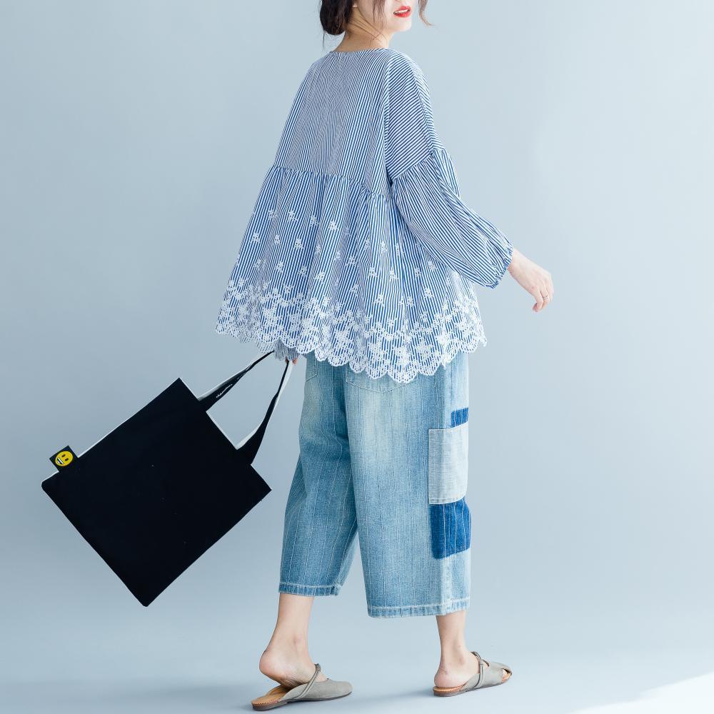 Stripe Casual Striped Embroidery T-Shirts