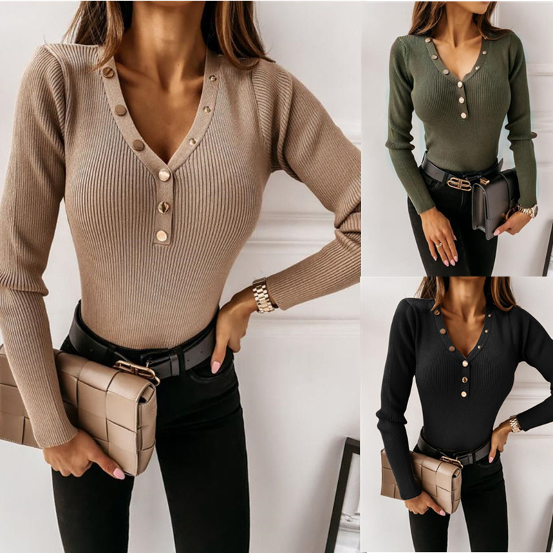 Autumn V-Neck Buttoned Knitting Basic Top