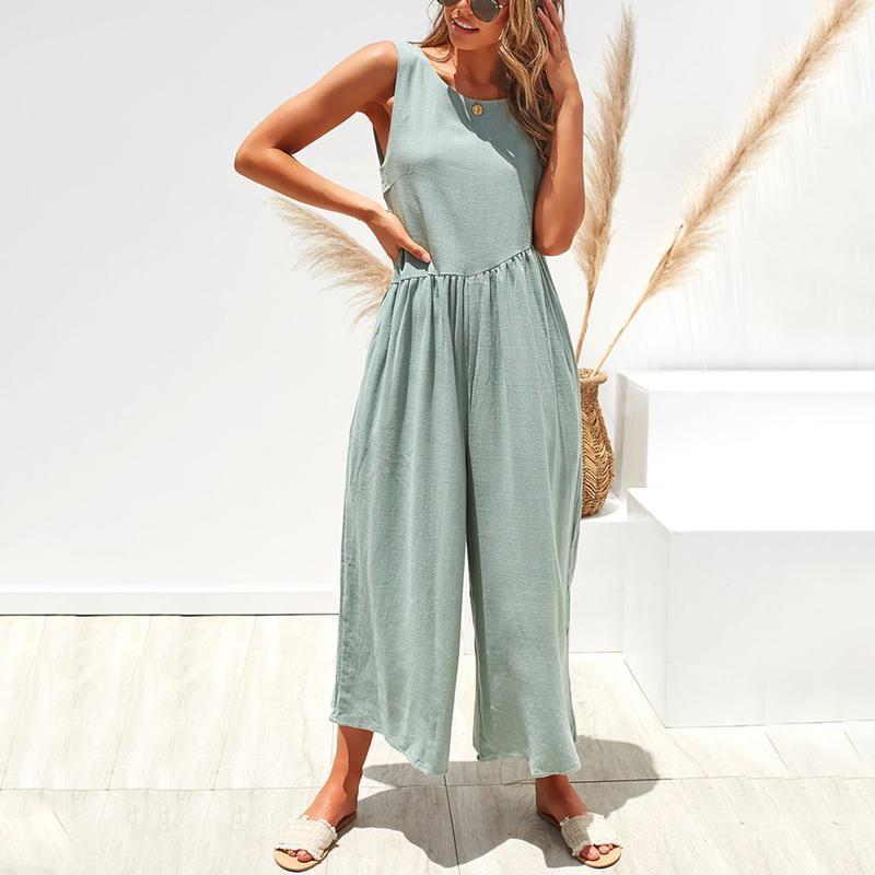 Casual Round Collar Plain Loose Sleeveless Jumpsuit