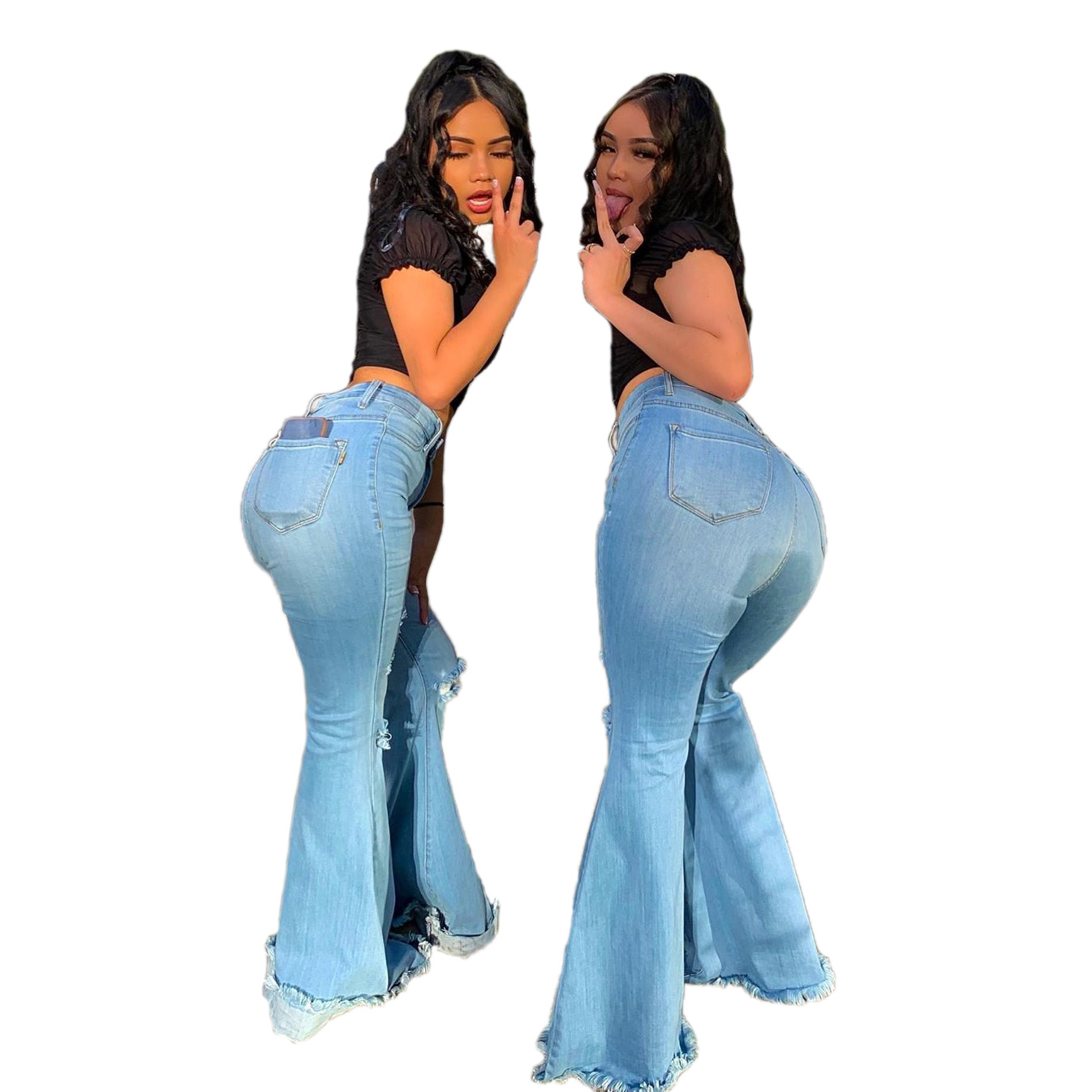 Autumn High Waist Blue Ripped Flare Jeans