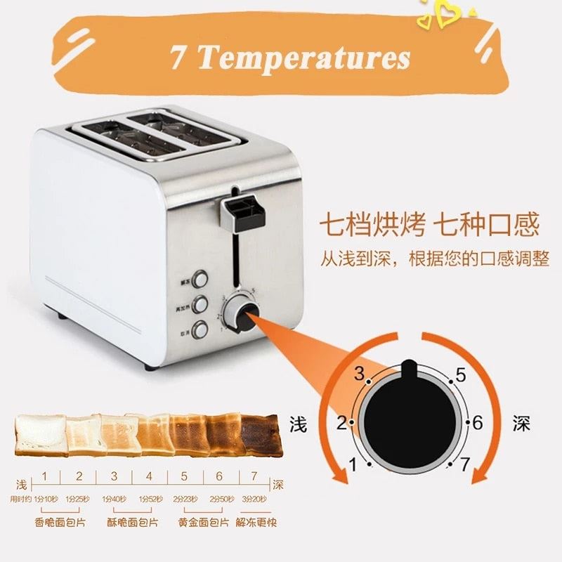 750w Automatic Fast heating bread toaster 2 Slices Stainless steel toaster