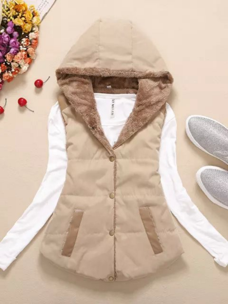 Coral Velvet Sleeveless Solid Cotton Hoodie Appliqued Vest