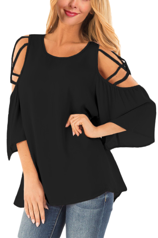 Black Cold Shoulder Blouse with Strap Details