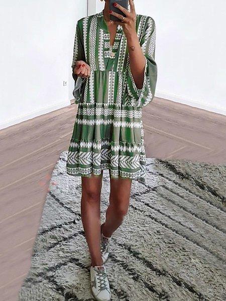 V neck Green  Women Daily Long Sleeve Basic Cotton Paneled Plain Spring Dress