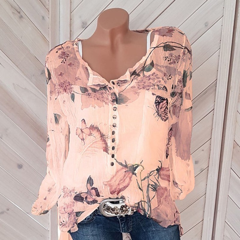 Button Women Shirts Spring Casual V-Neck Chiffon Blouse Women Top Camisa Feminina Long Sleeve Ladies Print Blouse Femme Shirt