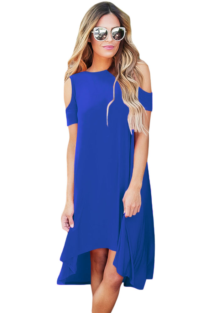 Royal Blue Cold Shoulder Short Sleeve High Low Dress