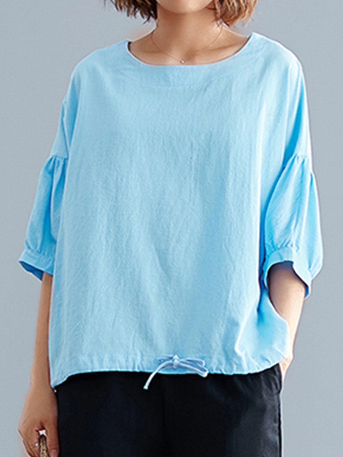 Plus Size Women Short Sleeve Round Neck Solid Loose Casual Tops