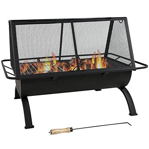 Sunnydaze Northland Outdoor Rectangular Fire Pit with Grill �C 36-Inch Large Wood-Burning Patio & Backyard Fire Pit for Outside with Cooking BBQ Grill Grate, Spark Screen, Poker and Cover