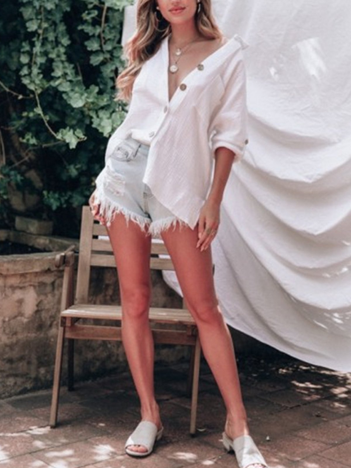 White Cotton Long Sleeve V Neck Shirts & Tops