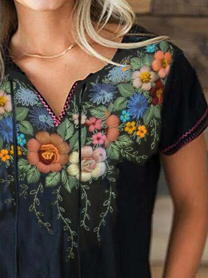 V Neck Short Sleeve Vintage Floral Shirts & Tops