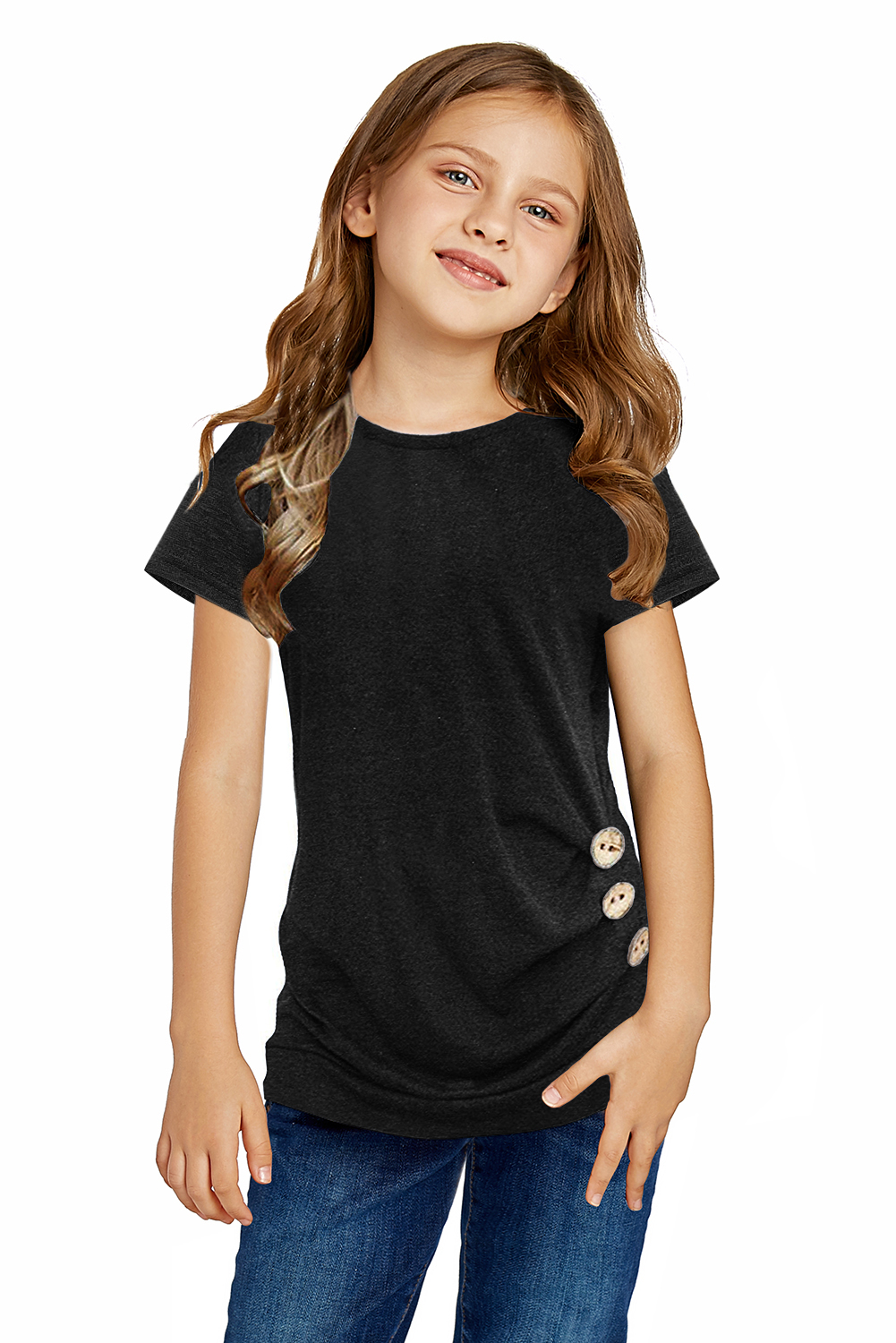 Black Side Button Detail Short Sleeve T Shirt for Little Girls