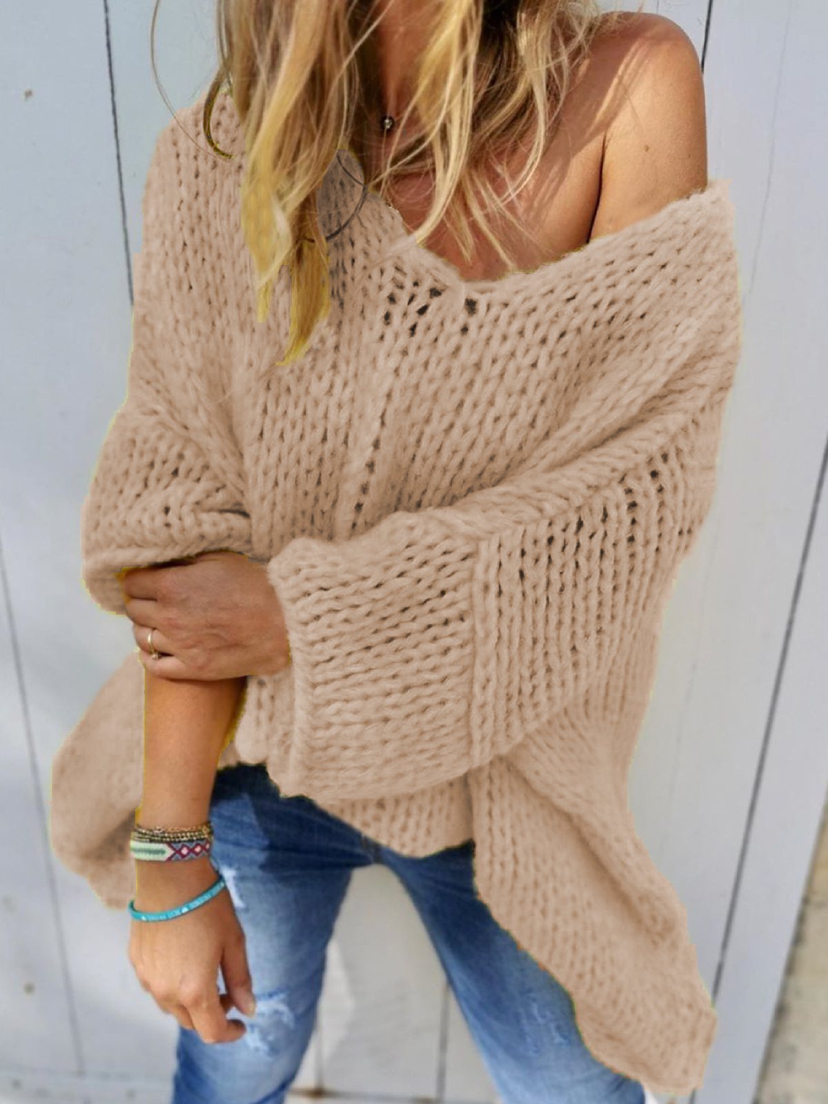 Plus Size Casual Solid Knitted V Neck Long Sleeve Sweater