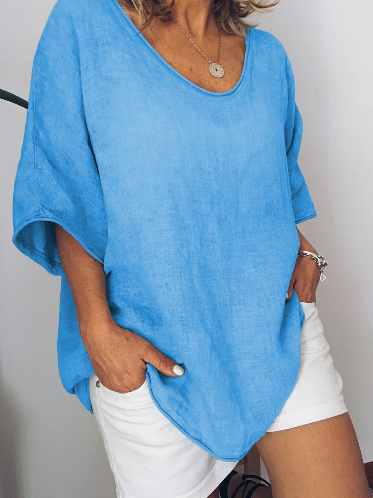 Gray Crew Neck Solid Linen Casual Shirts & Tops