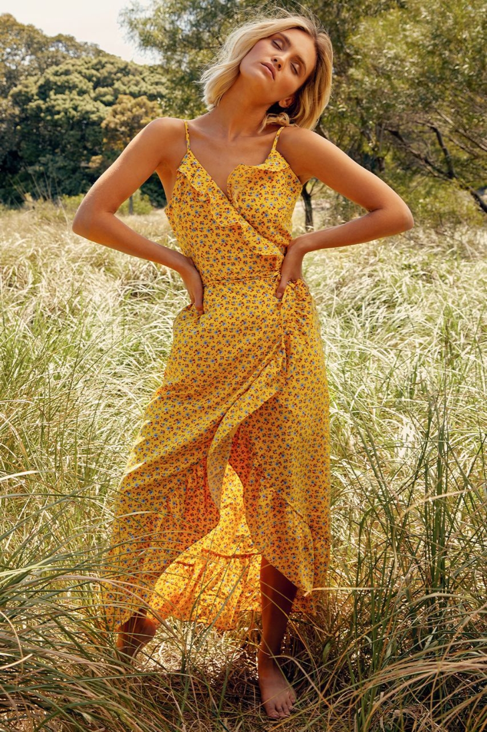 Yellow Floral Strap Wrapped Long Dress