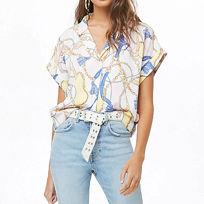 Women Summer Blouse 2019 Chain Print Batwing Short Sleeve Chiffon Blouse Turn Down Collar Ladies Office Shirt Casual Loose Tops