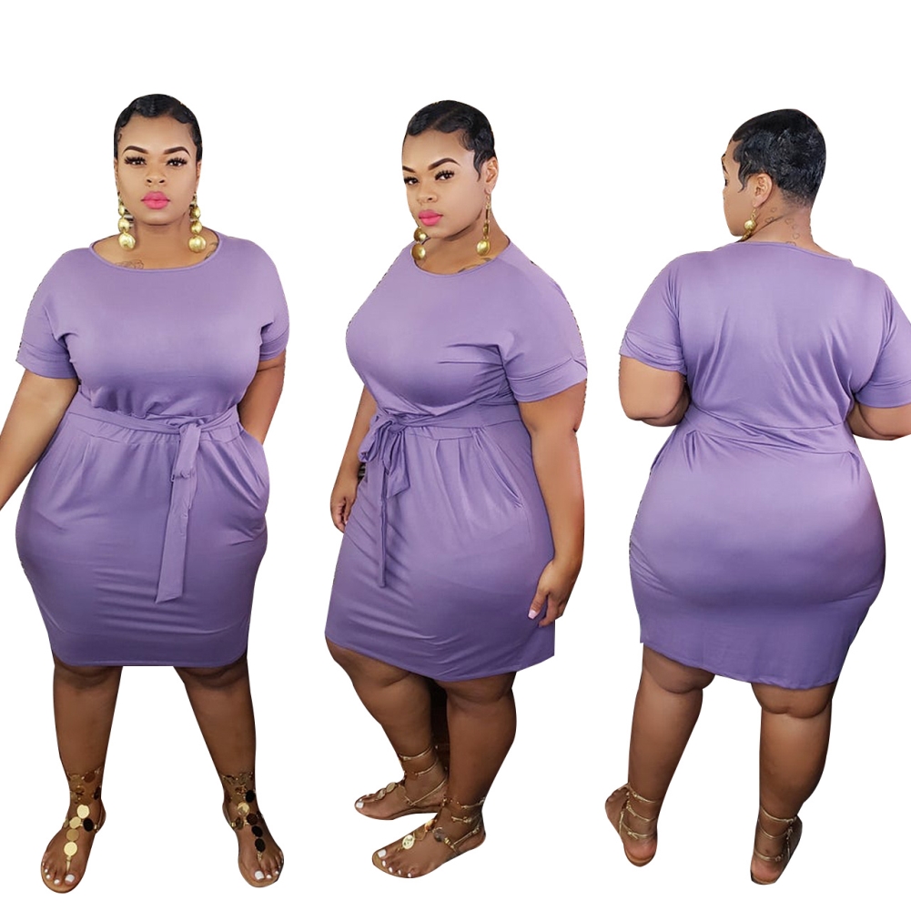 Plus Size Solid Color O Neck Shirt Dress with Belt