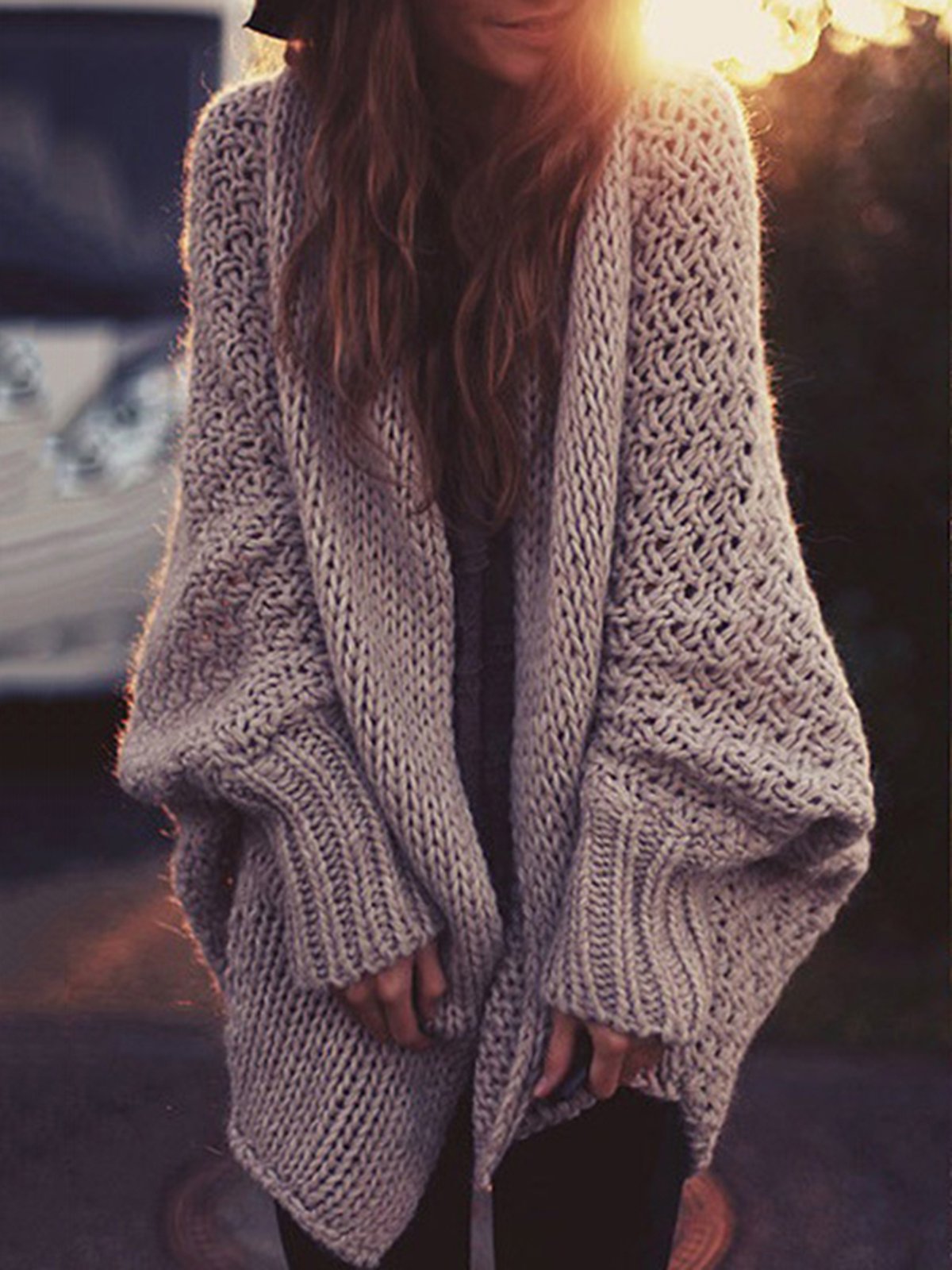 Solid Casual Knitted Batwing Cardigan