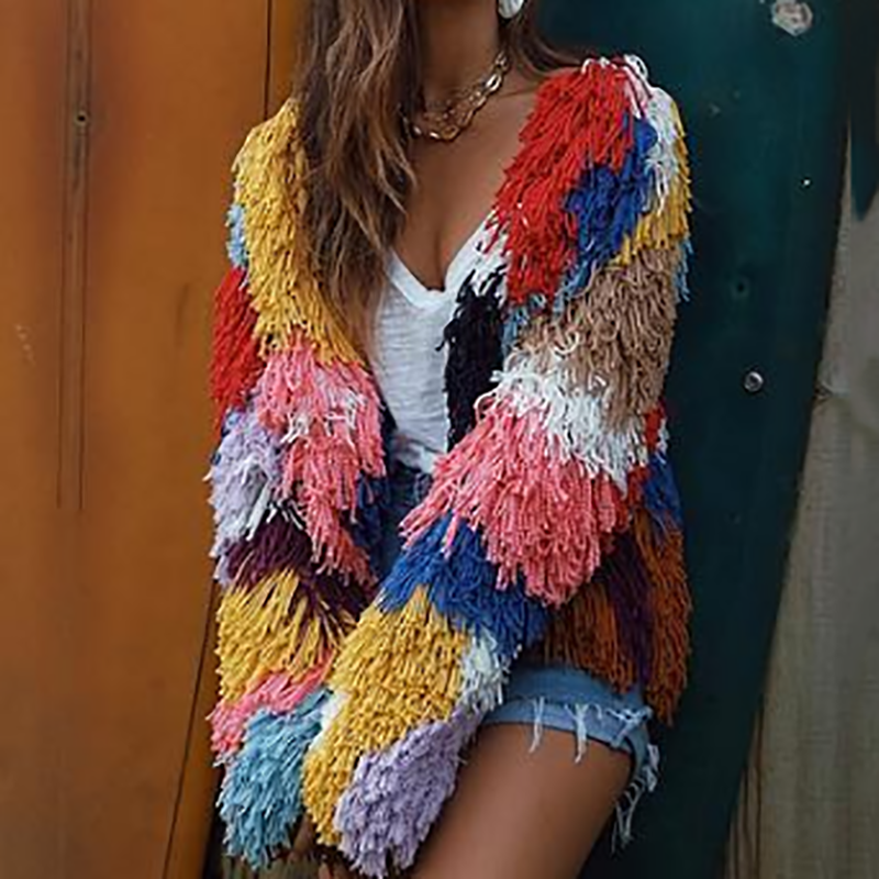 Women's Fashion Long Sleeve Coloring Splicing Tassel Woolen Overcoat