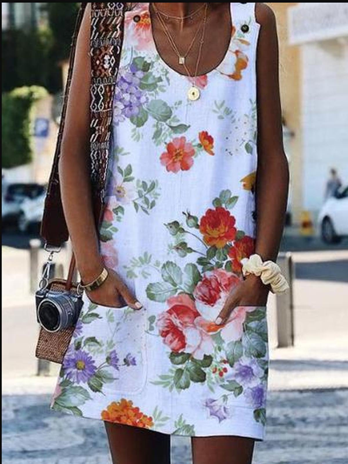 Crew Neck Casual Floral-Print Sleeveless Dresses