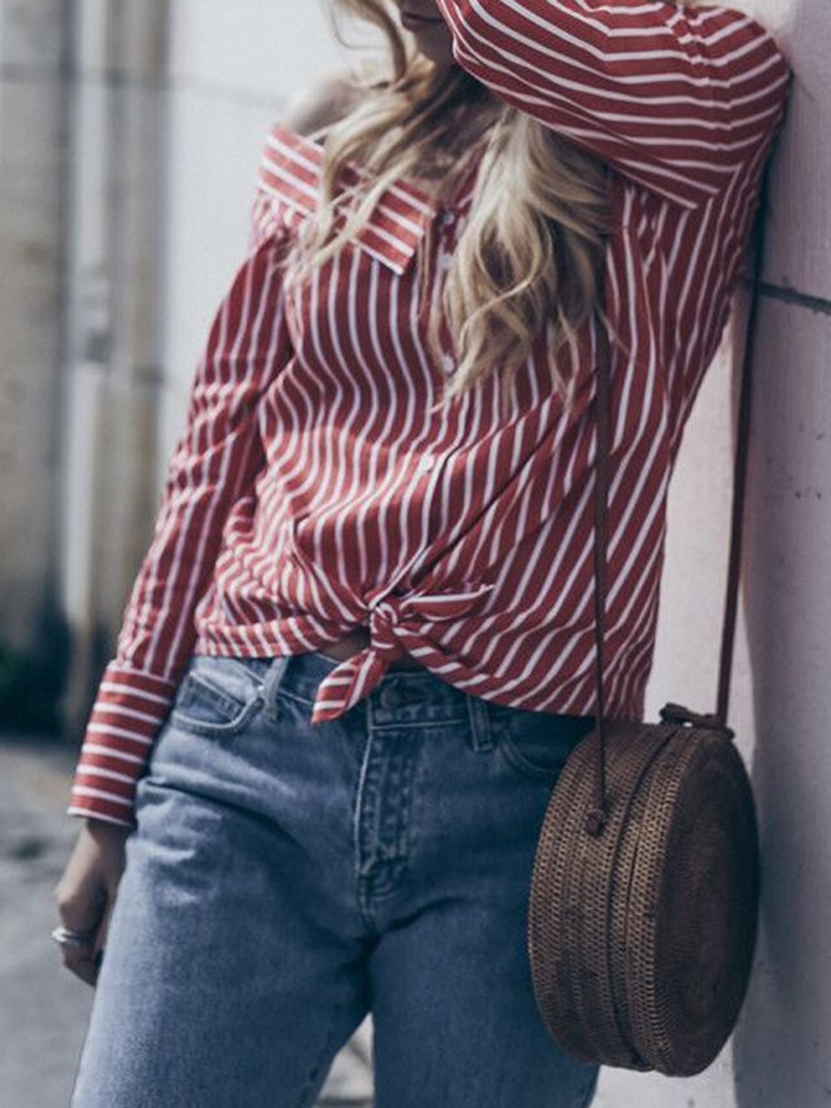 Casual Cold Shoulder Asymmetric Neck Striped Shirt