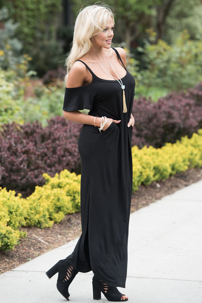 Black Sassy Open Shoulder Maxi Dress