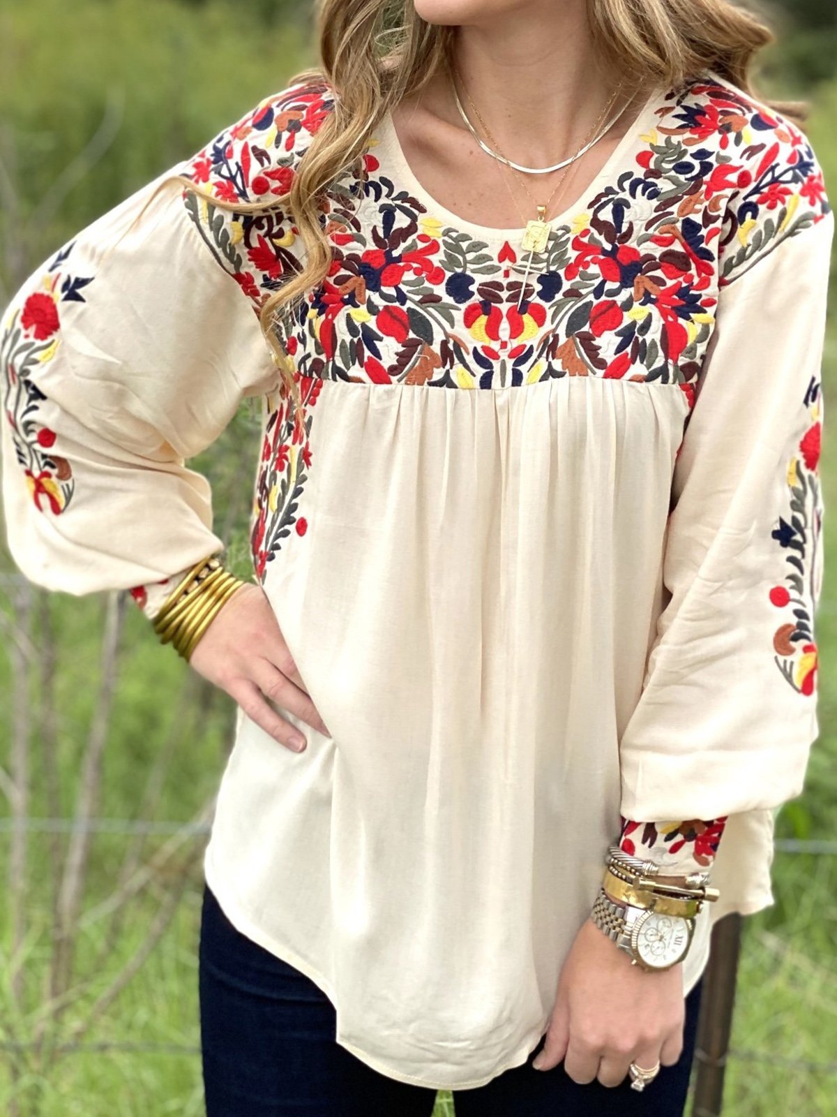 3/4 Sleeve Floral-Print Vintage Cotton-Blend Shirts & Tops