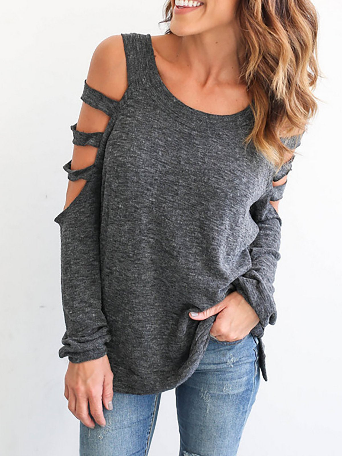 Black Cutout Solid Polyester Casual T-Shirt