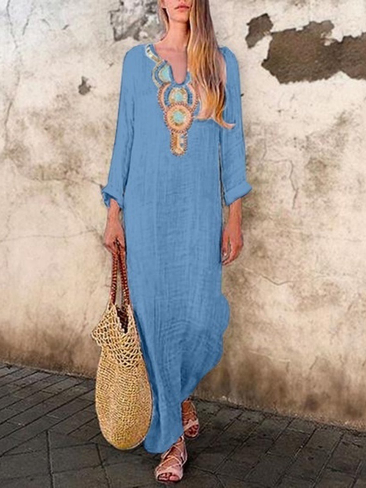 V Neck Vintage Long Sleeve Maxi Dresses