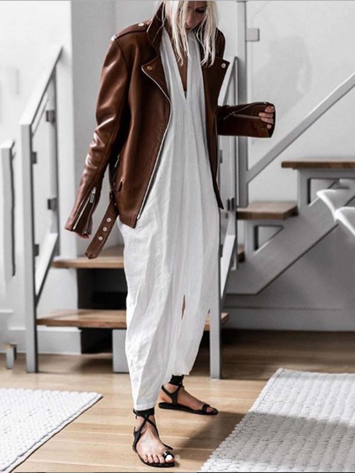 White V Neck Casual Cotton-Blend Dresses