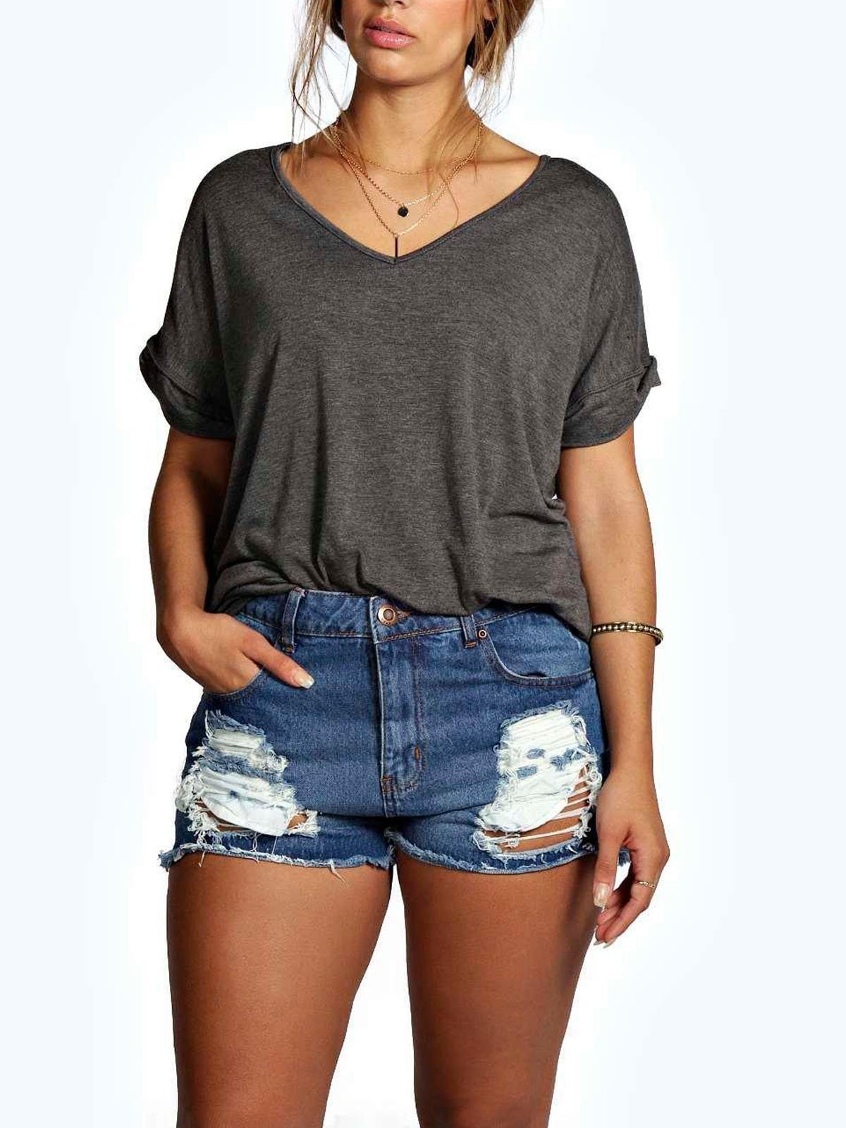 Gray V Neck Short Sleeve Shirts & Tops