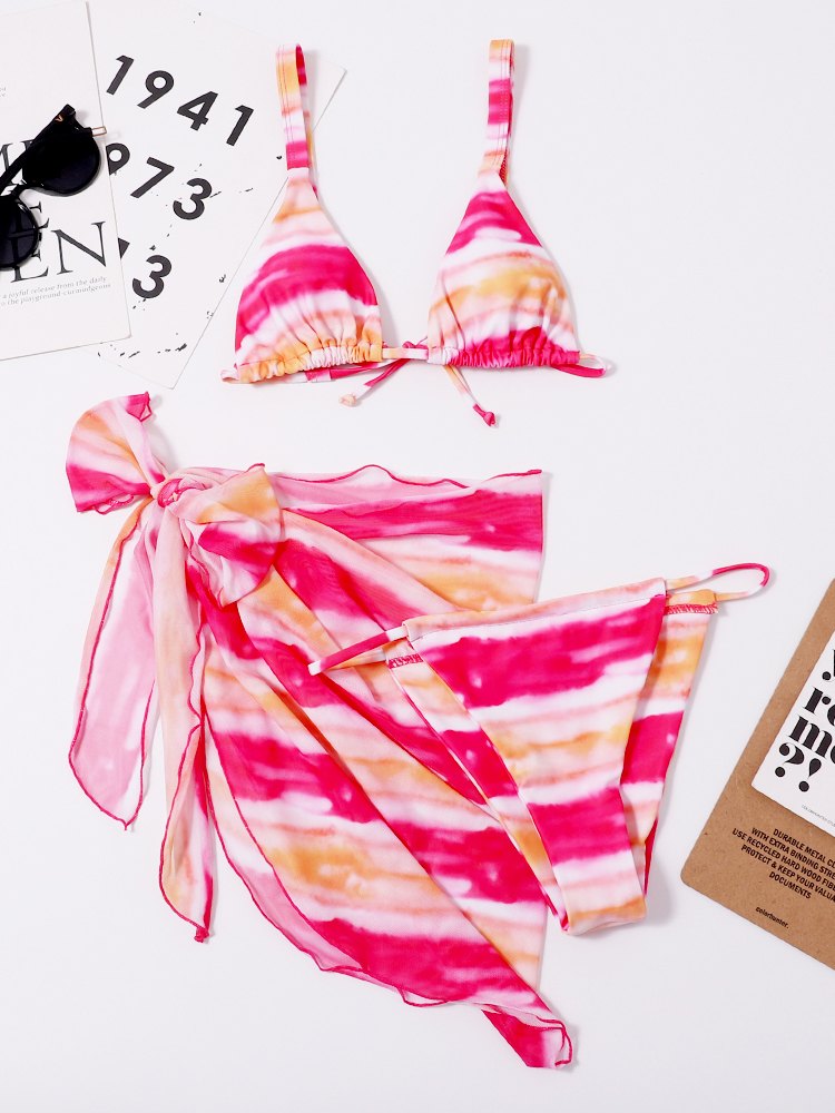 Printed Side Knot Three Piece Bikini Swimsuit