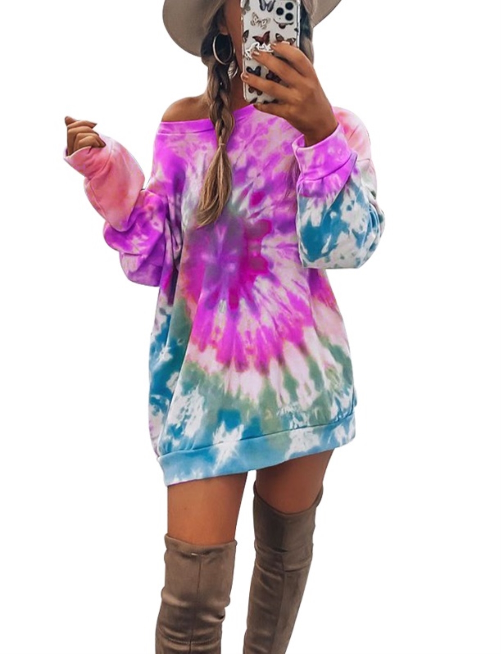 Autumn Tie Dye O Neck Shirt Dress