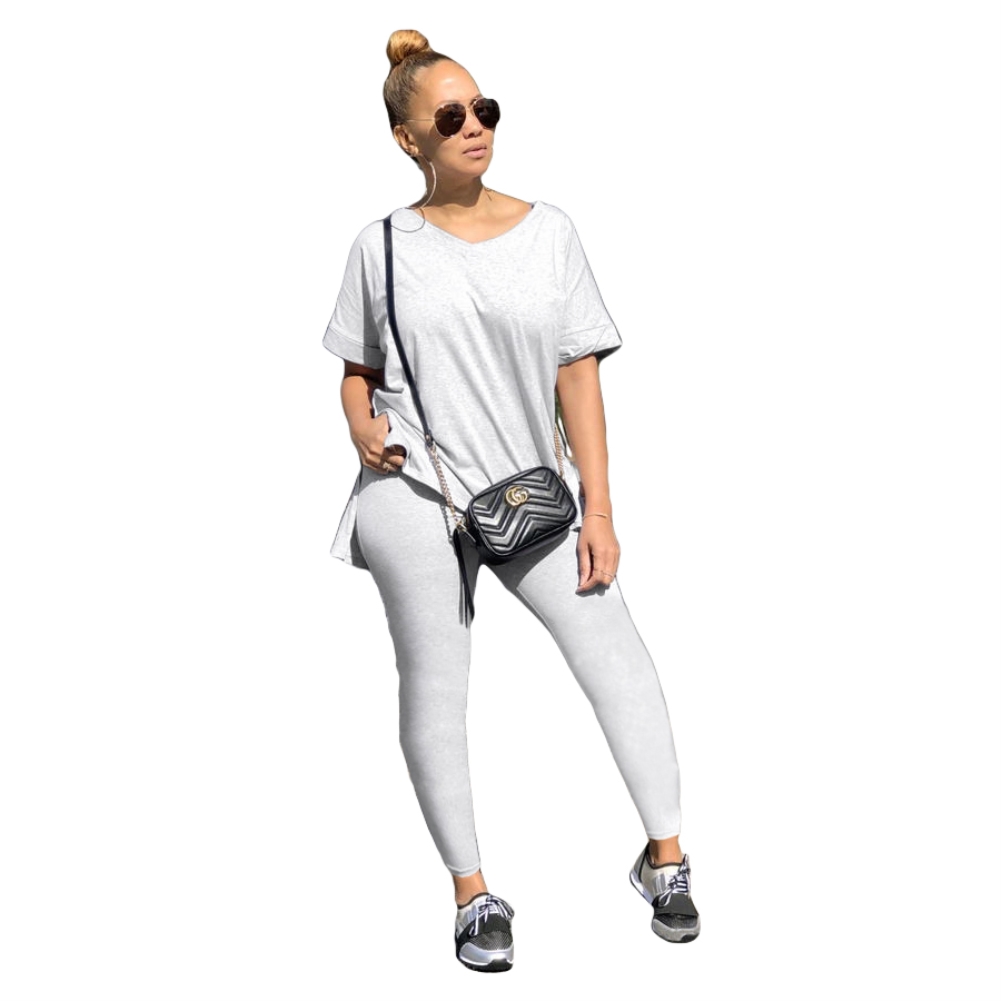 Summer Gray Matching Slit Shirt and Legging Set