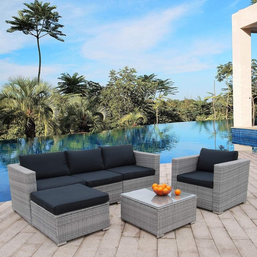 6 Piece Terrace Furniture Set Rattan Modular Outdoor Sofa Set with Black Washable Seat Cushions and Modern Glass Coffee Table