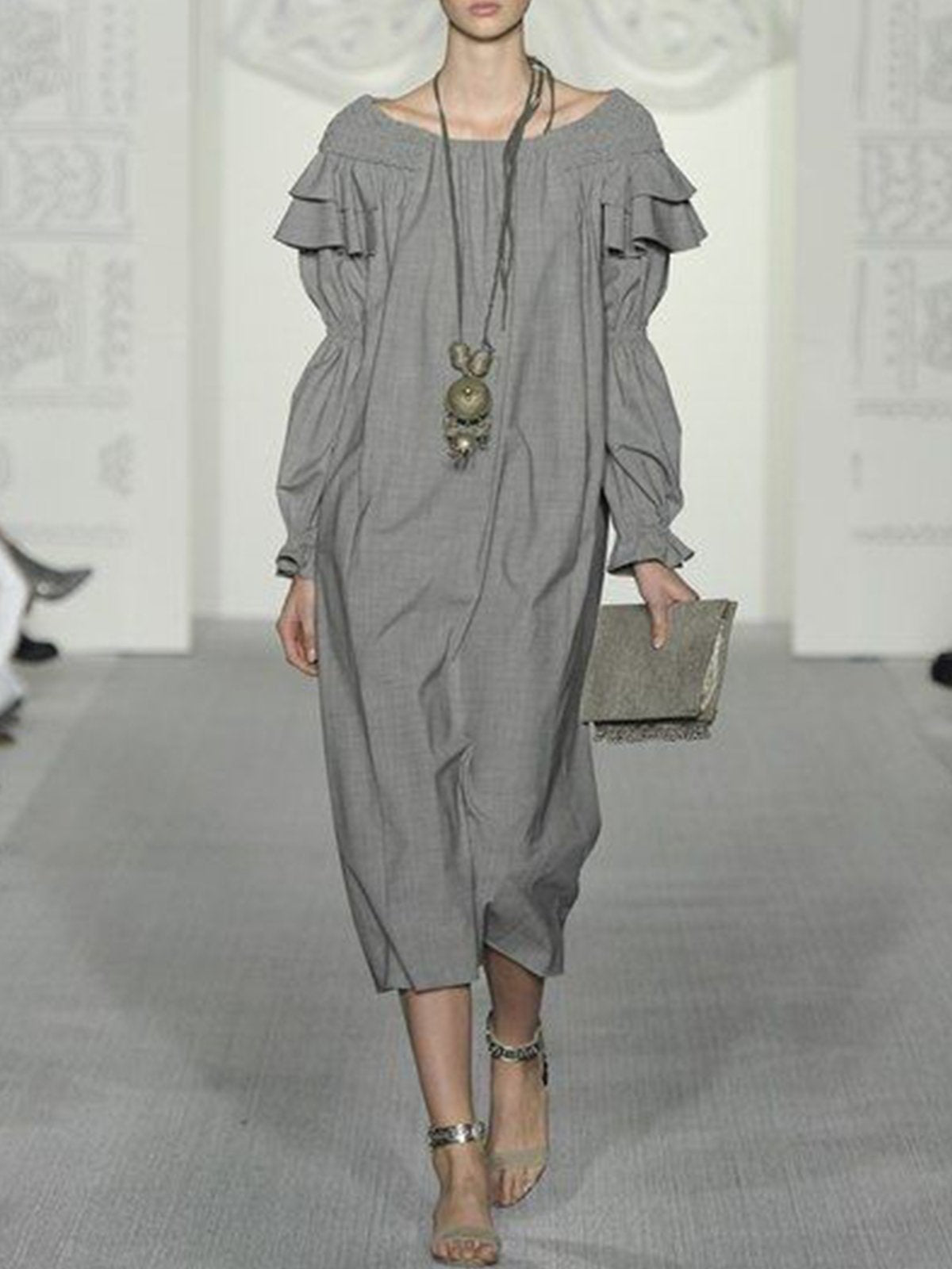 Light Gray Vintage Long Sleeve Cotton-Blend Dresses