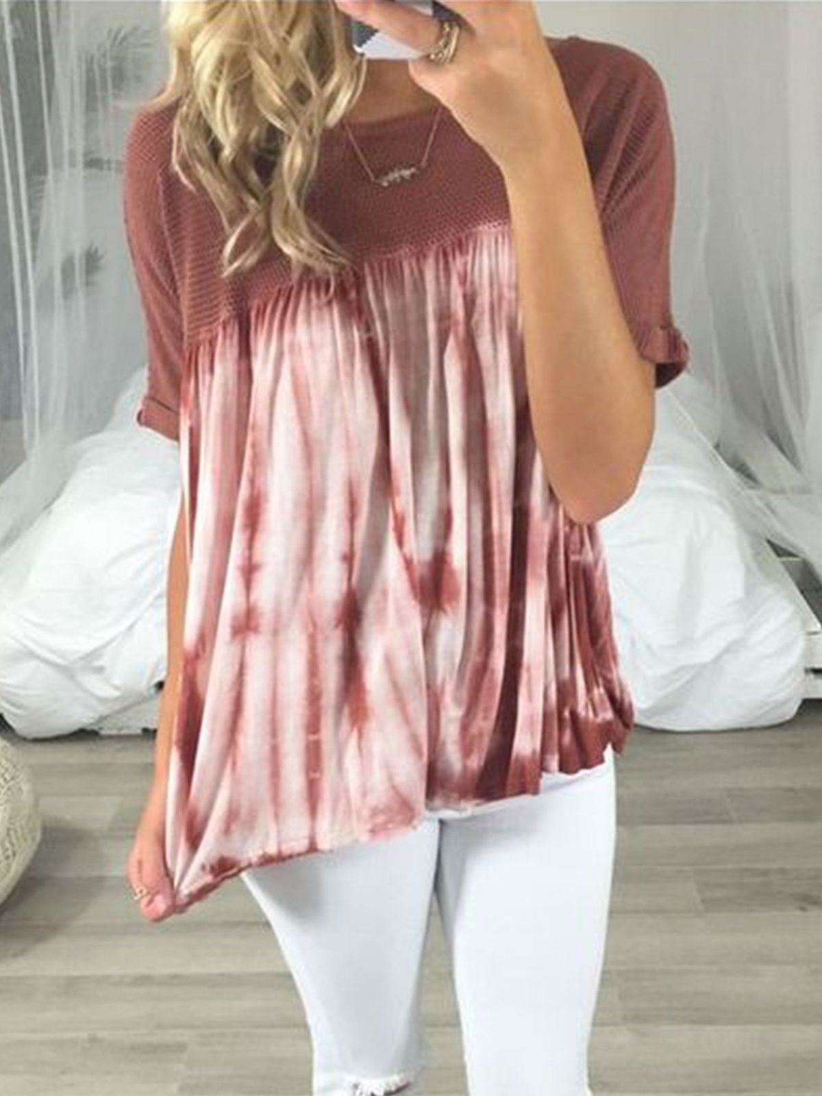 Red Patchwork Round Neck Cotton-Blend Short Sleeve Shirts & Tops