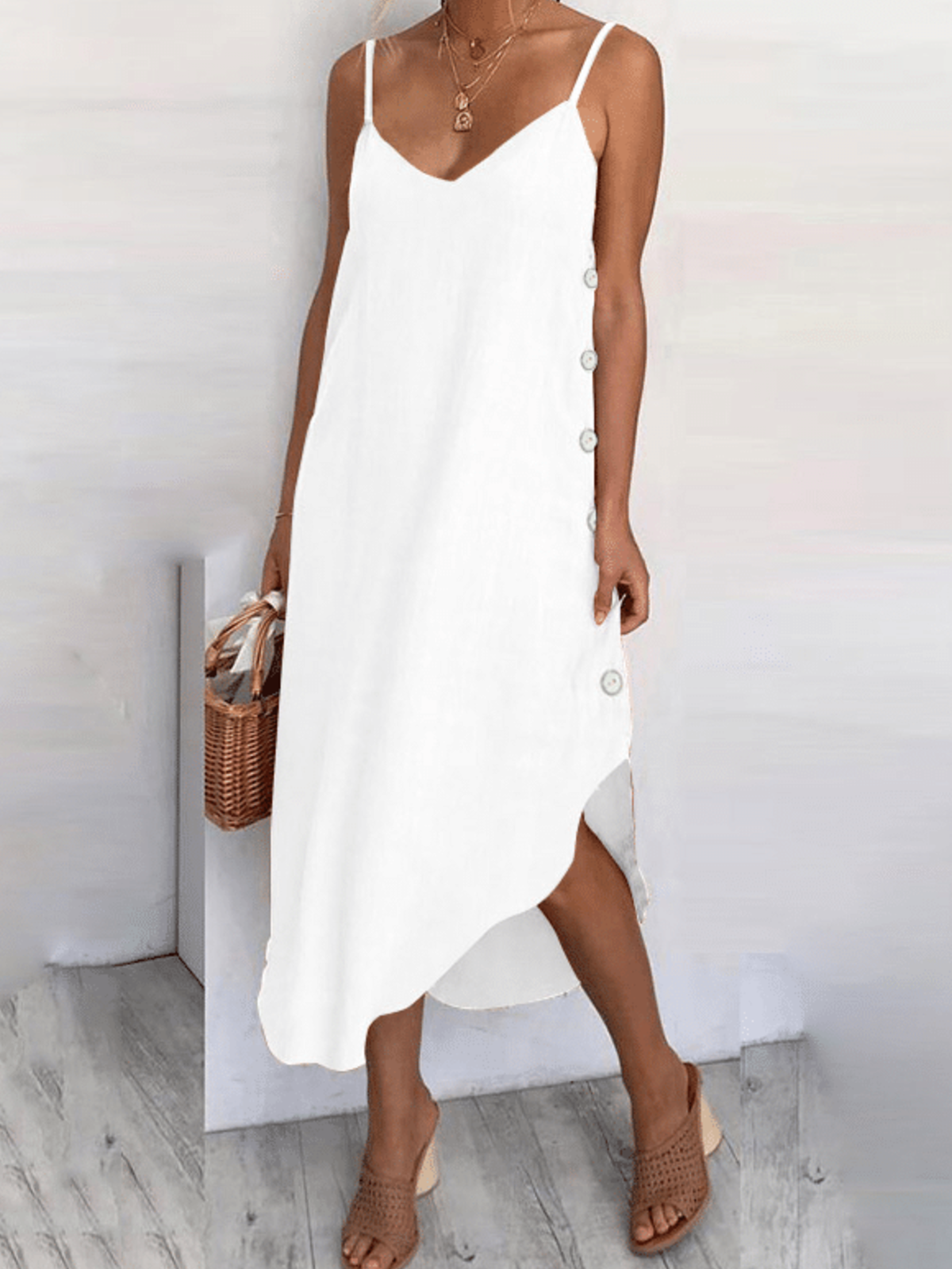 Spaghetti-Strap Cotton-Blend Solid Casual Dresses