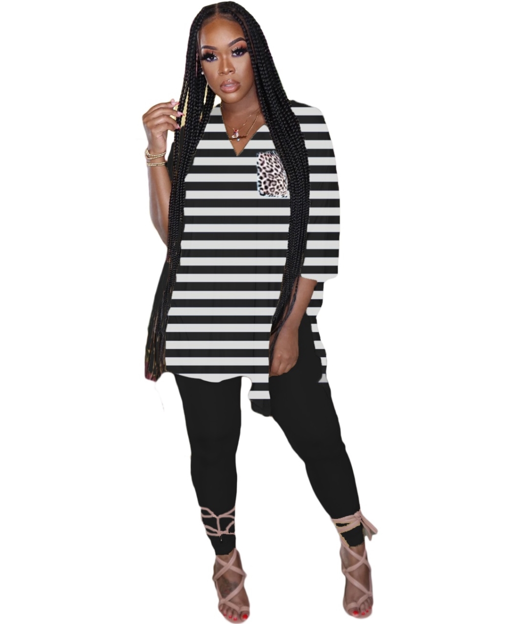 Casual V Neck Stripes Slit Shirt and Tight Legging Set