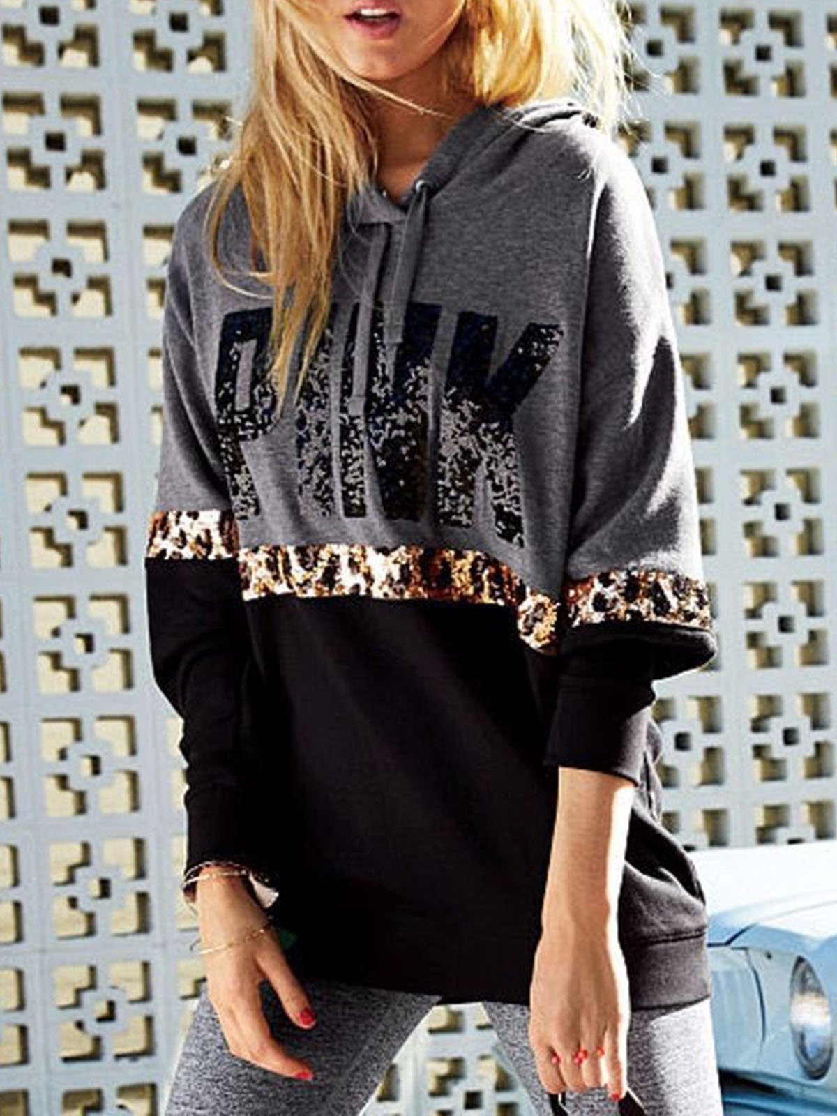 Black Casual Cotton-Blend Leopard Print Hoodies
