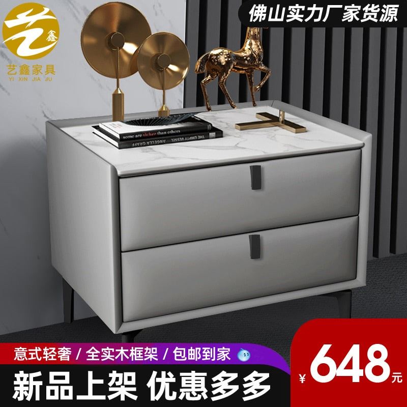 Simple Master Bedroom Bedside Cabinet All Solid Wood Bedside Table Leather