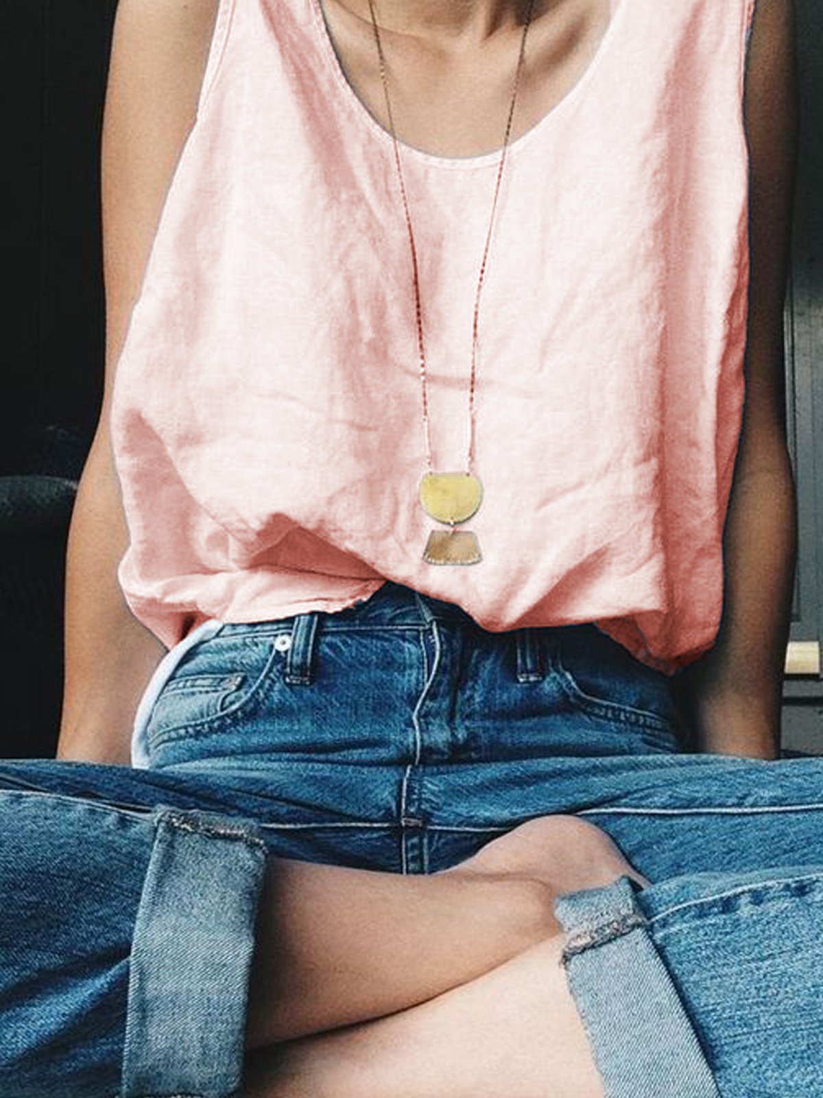 Plain Casual V Neck Sleeveless Shirts & Tops