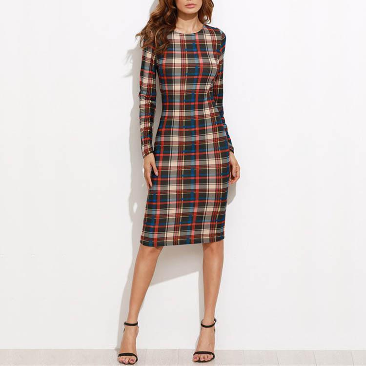 Round Collar Lattice Long Sleeve Package Hip Bodycon Dress