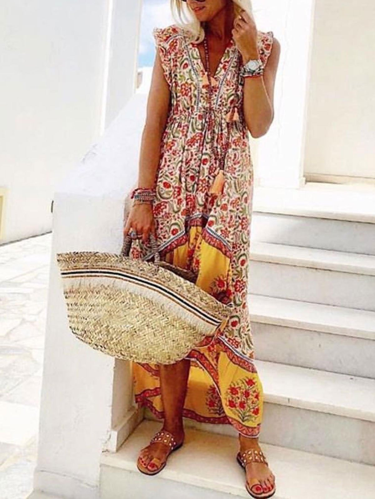 Floral Print High Low Holiday Beach Casual Shift Dress