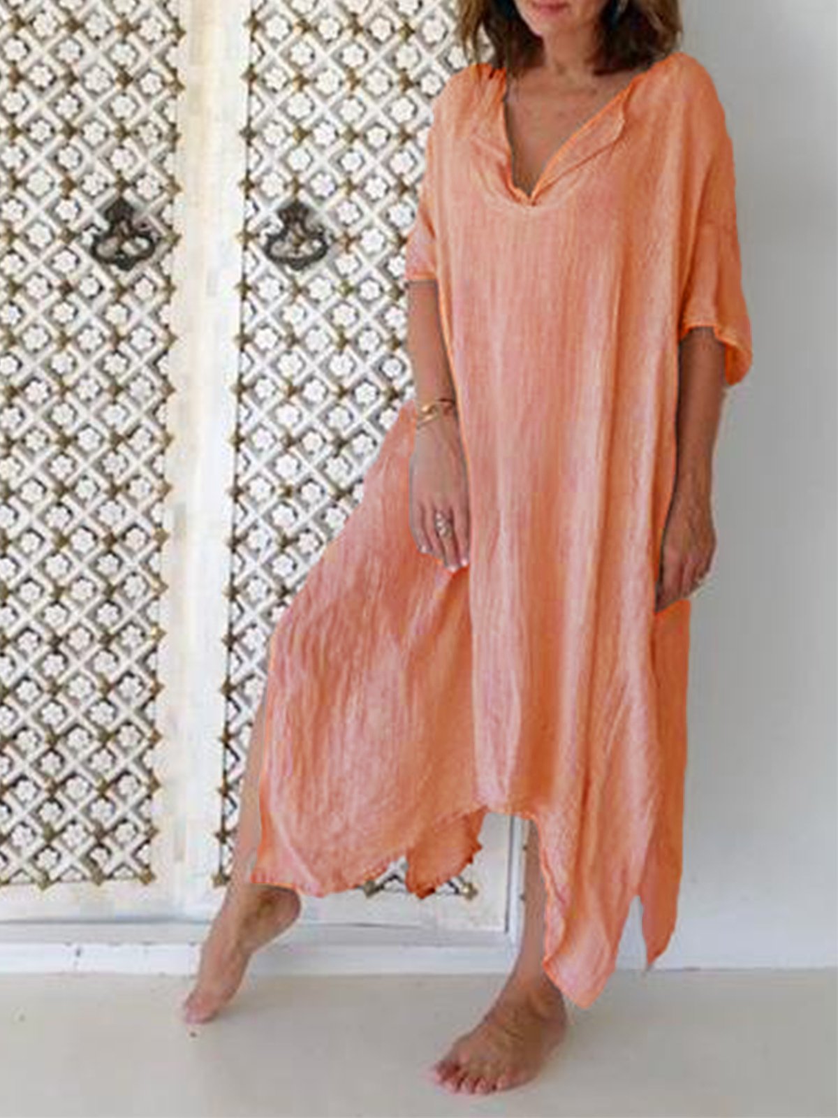 Casual Half Sleeve V Neck Solid Dresses