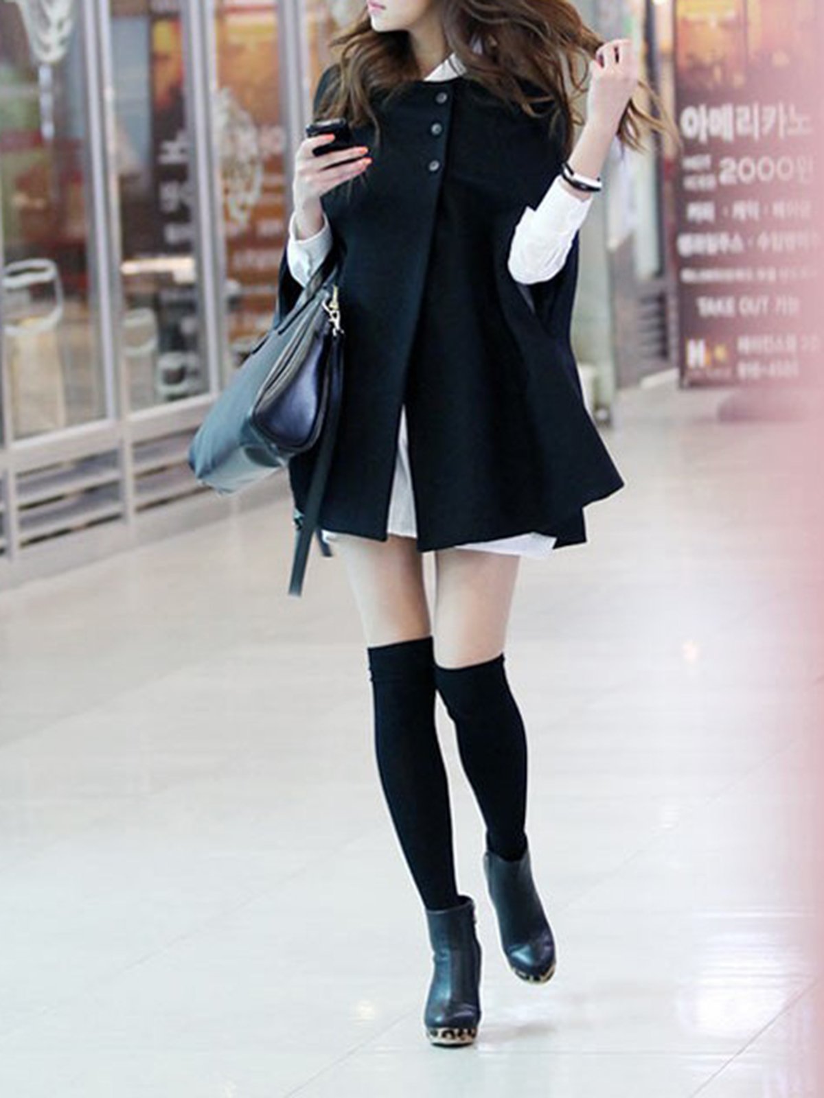 Black Cape Sleeve Crew Neck Solid Poncho