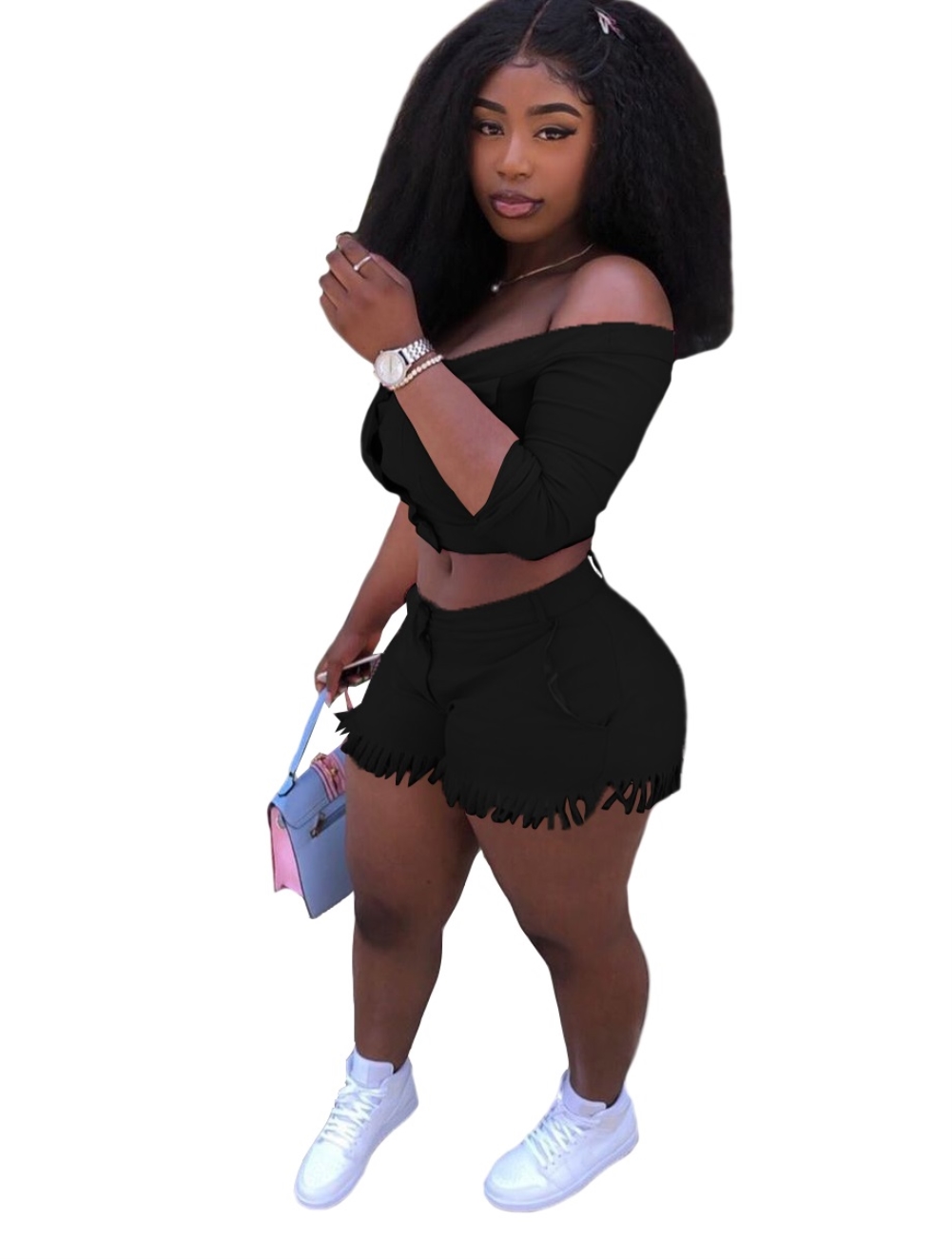 Sexy Matching Off Shoulder Crop Top and Tassels Shorts Set