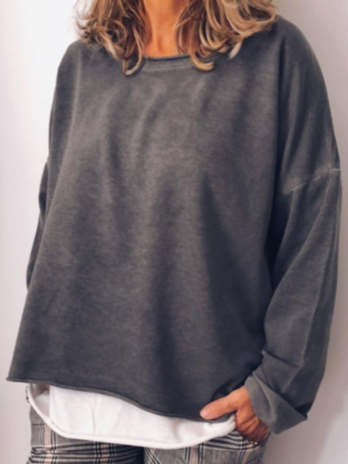 Plus Size Casual Solid  Crew Neck Long Sleeve Tops