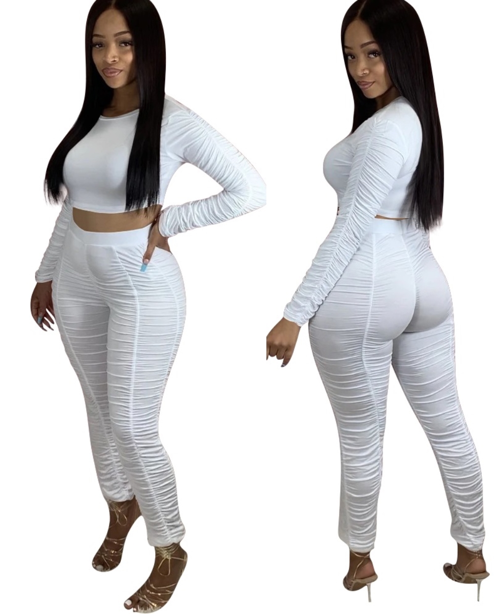 Autumn Sexy Matching Crop Top and Stacked Pants Set